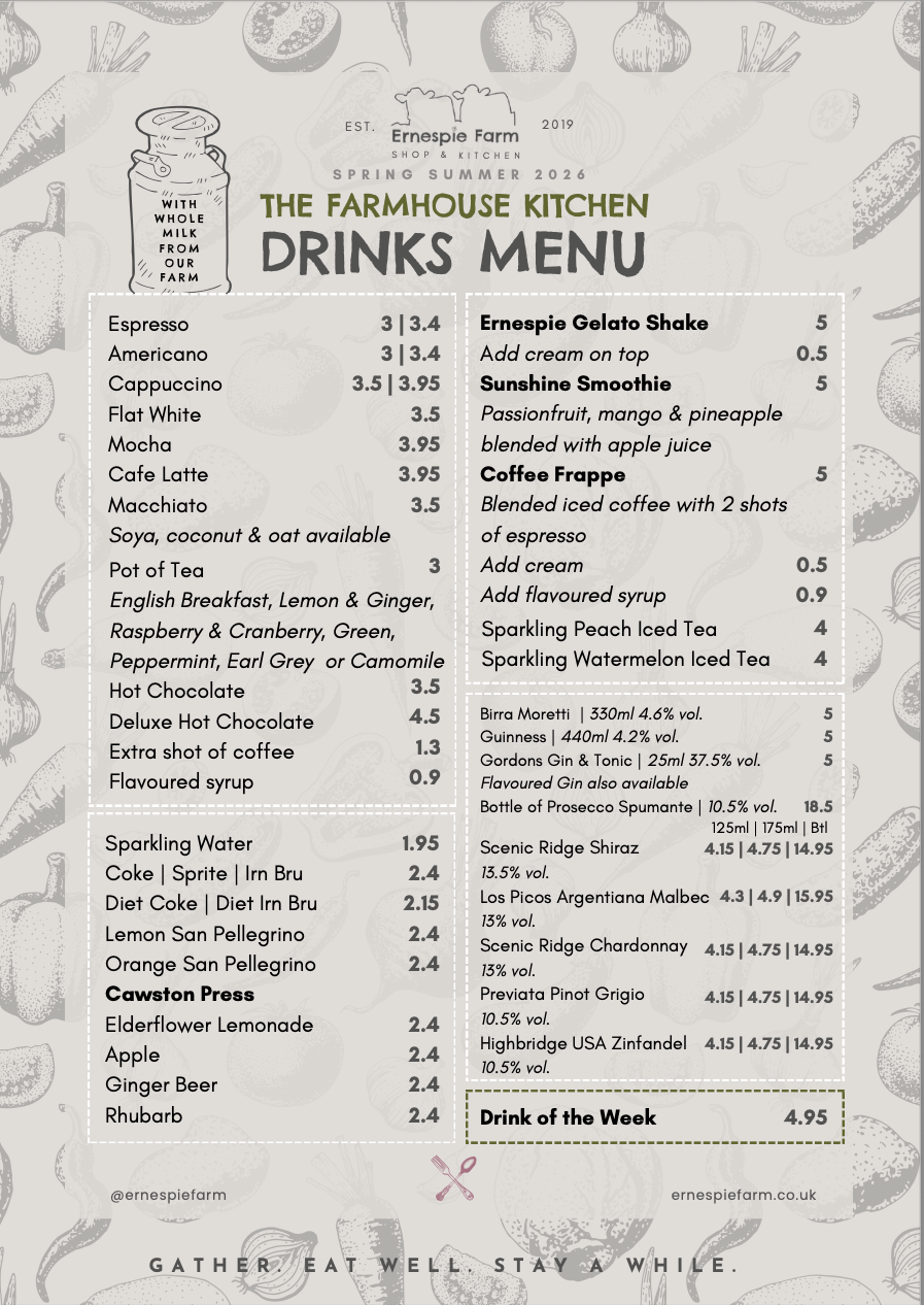 Ernespie Farm Drinks Menu Spring/Summer 2026