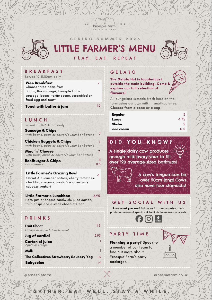 Ernespie Farm Kids Menu Spring/Summer 26